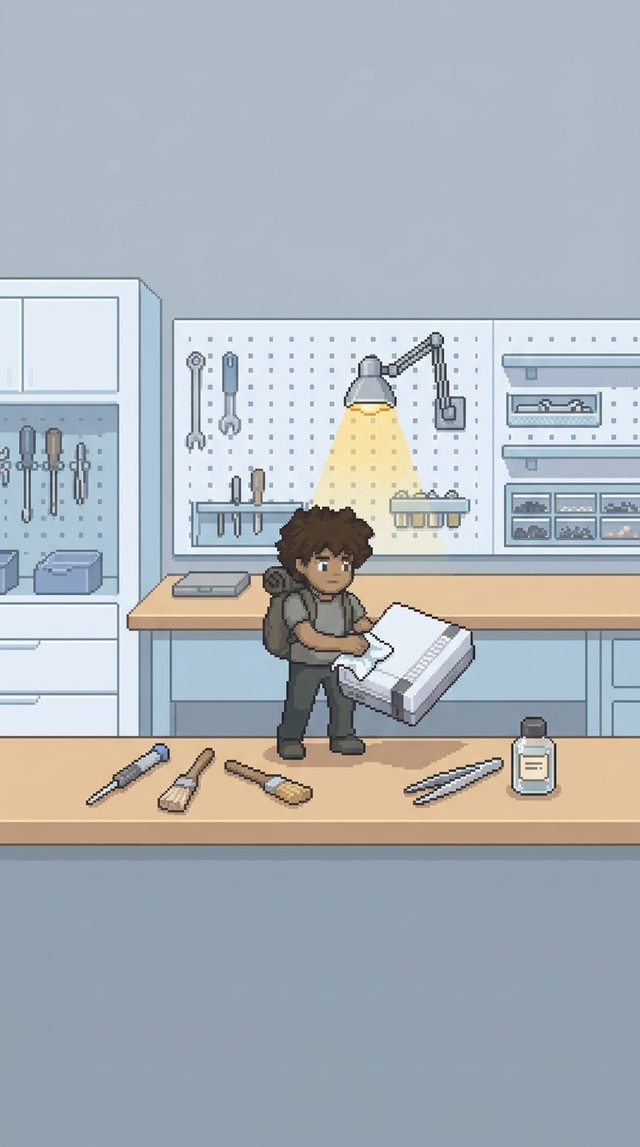 Pixel-art workbench where the shop mascot cleans and tests a console