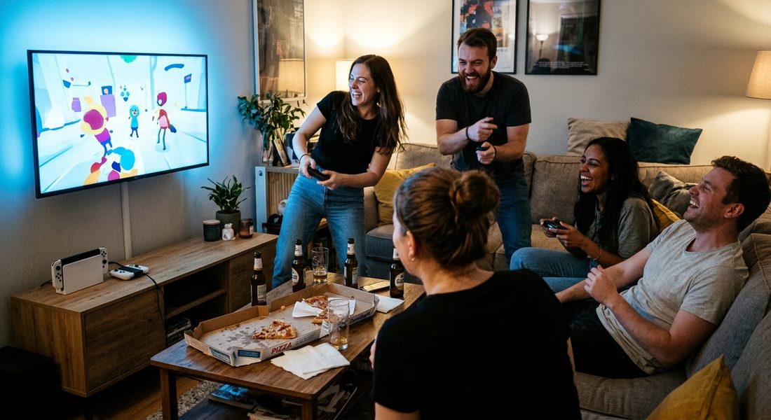 Friends playing Wii together on a couch